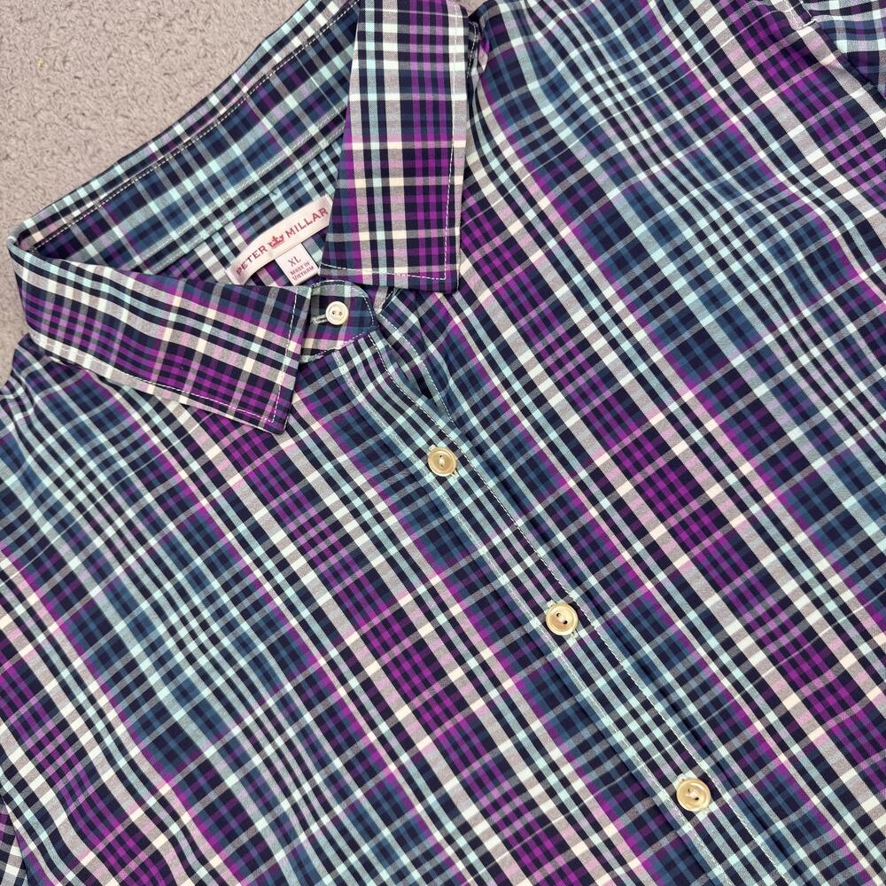 Peter Millar Shirt Boys XL Purple Blue Plaid Performance Stretch Button Front
